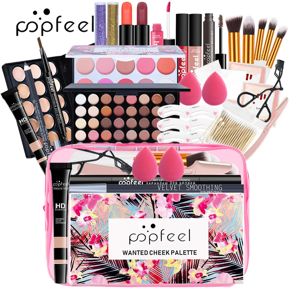 POPFEEL All-in-One Makeup Kit – Eyeshadow, Foundation, Lip Gloss, Brushes & More