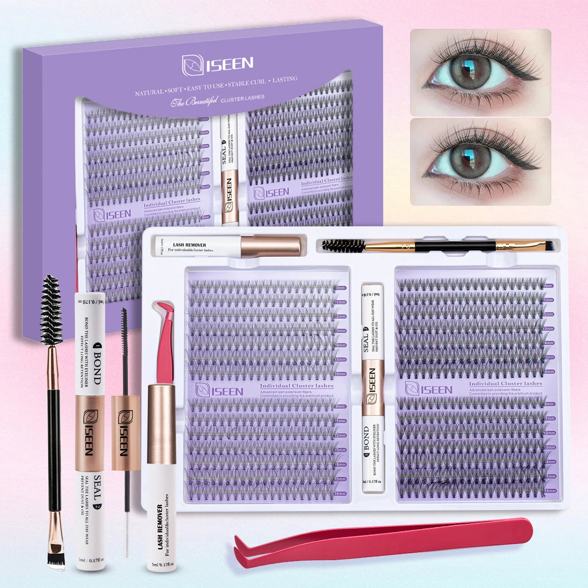 ISEEN DIY Eyelash Extension Kit – Cluster Lash Set with Bond, Seal, Tweezers & Brush