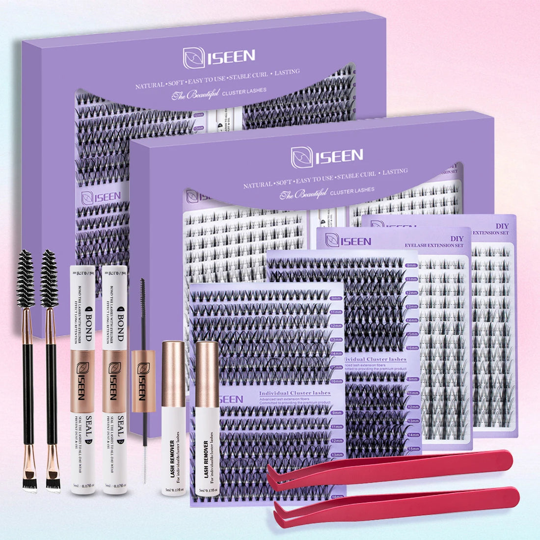ISEEN DIY Eyelash Extension Kit – Cluster Lash Set with Bond, Seal, Tweezers & Brush