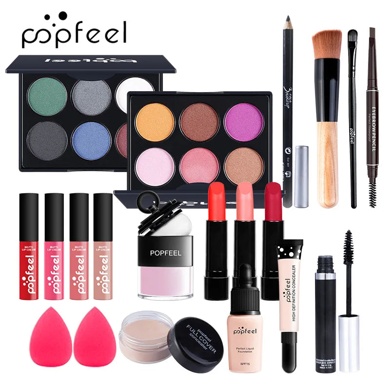 POPFEEL All-in-One Makeup Kit – Eyeshadow, Foundation, Lip Gloss, Brushes & More
