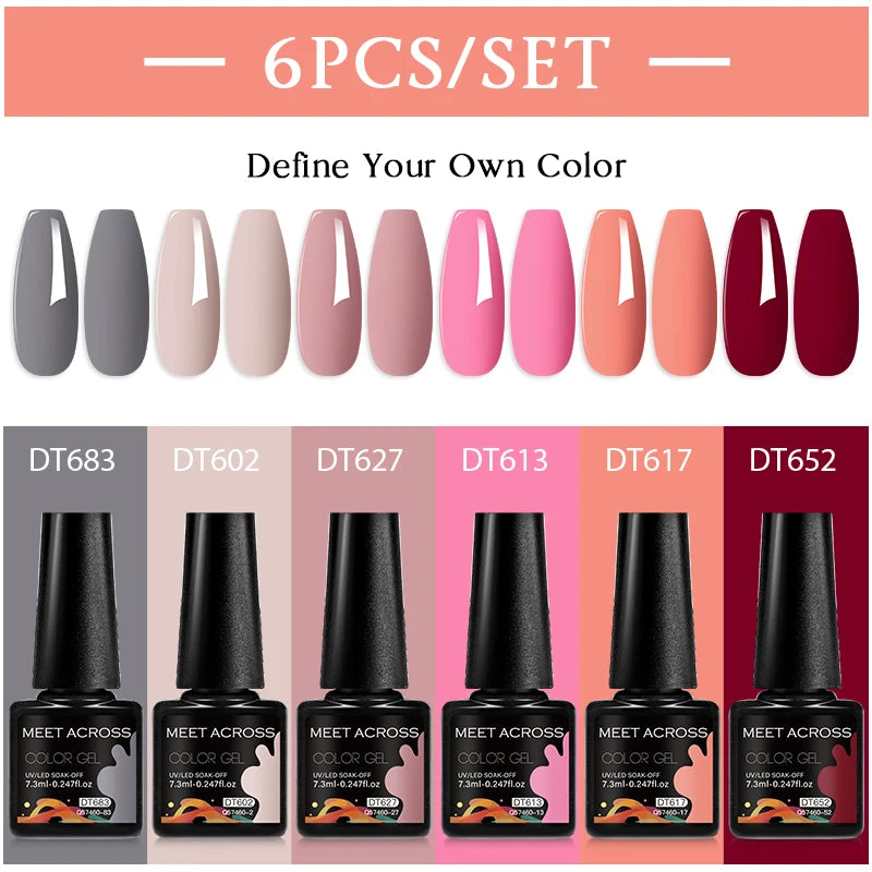 MEET ACROSS 6-Piece Gel Nail Polish Set – Nude & Brown Semi-Permanent Colors (7.3ml)