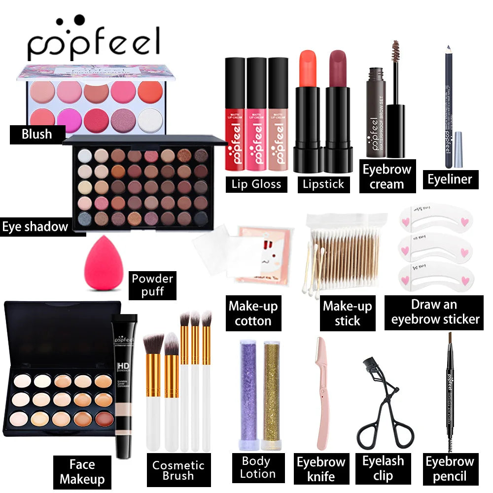 POPFEEL All-in-One Makeup Kit – Eyeshadow, Foundation, Lip Gloss, Brushes & More