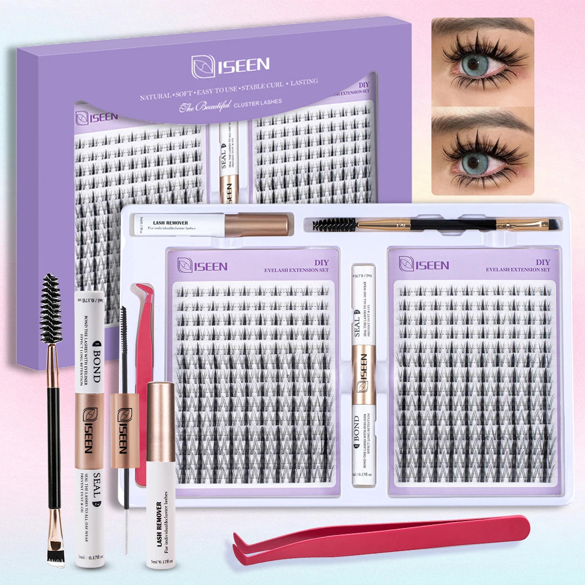 ISEEN DIY Eyelash Extension Kit – Cluster Lash Set with Bond, Seal, Tweezers & Brush