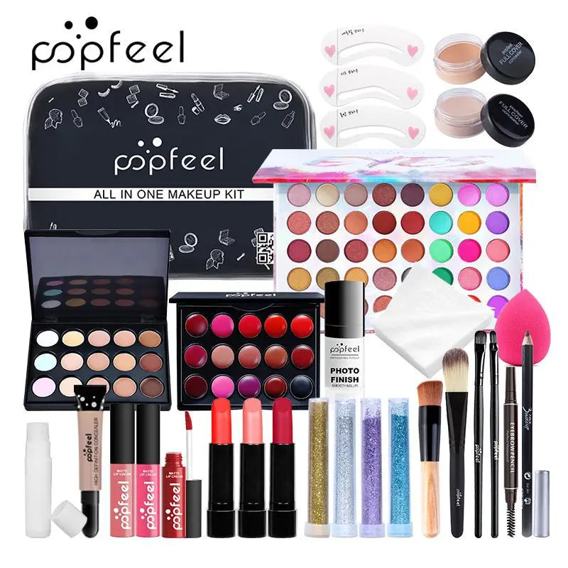 POPFEEL All-in-One Makeup Kit – Eyeshadow, Foundation, Lip Gloss, Brushes & More