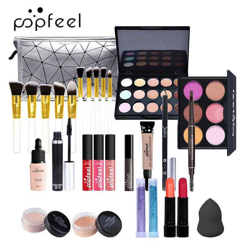 POPFEEL All-in-One Makeup Kit – Eyeshadow, Foundation, Lip Gloss, Brushes & More