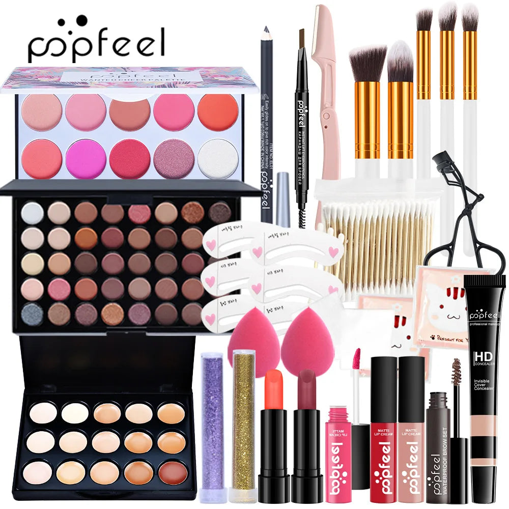 POPFEEL All-in-One Makeup Kit – Eyeshadow, Foundation, Lip Gloss, Brushes & More