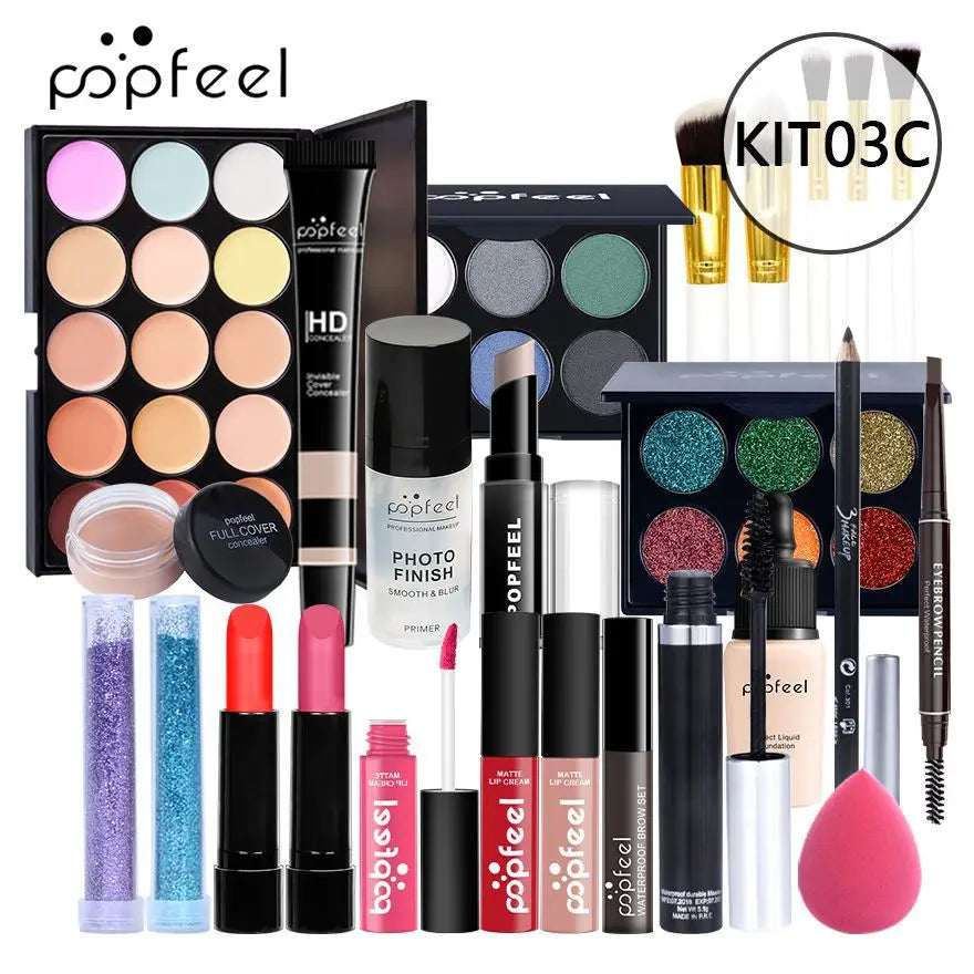 POPFEEL All-in-One Makeup Kit – Eyeshadow, Foundation, Lip Gloss, Brushes & More