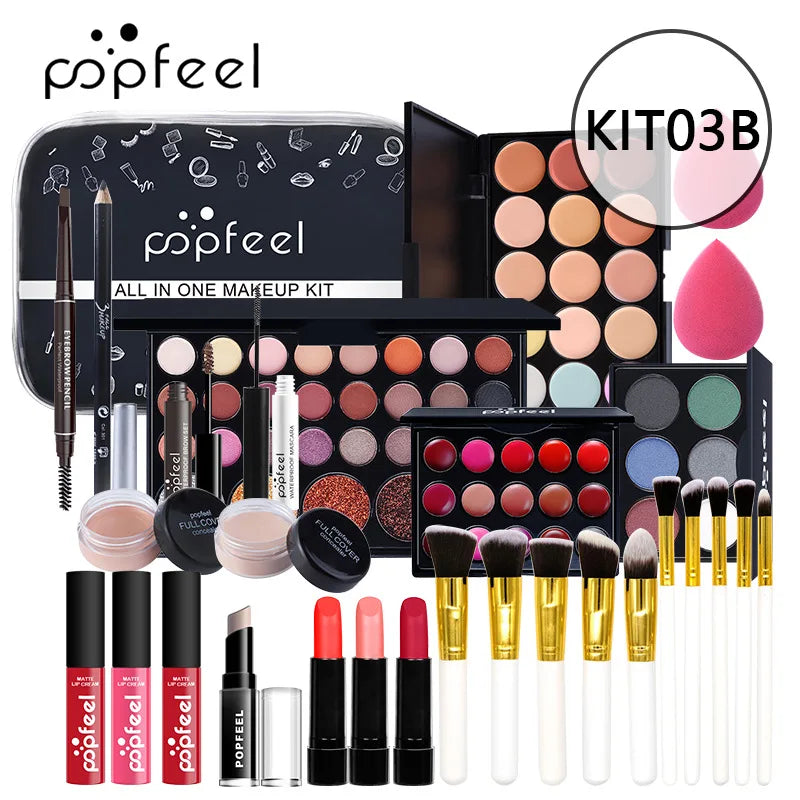 POPFEEL All-in-One Makeup Kit – Eyeshadow, Foundation, Lip Gloss, Brushes & More