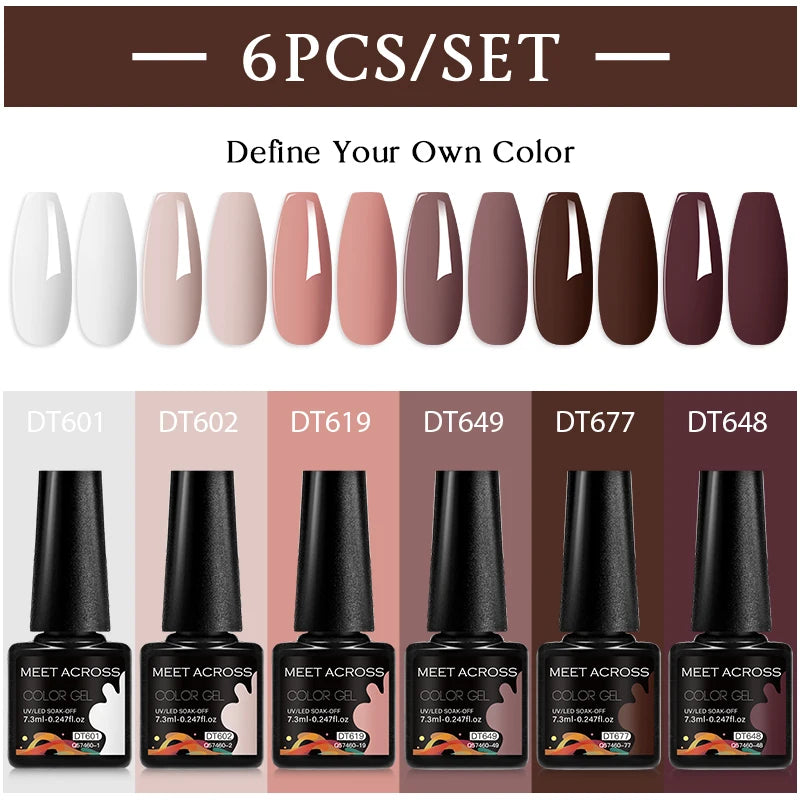 MEET ACROSS 6-Piece Gel Nail Polish Set – Nude & Brown Semi-Permanent Colors (7.3ml)