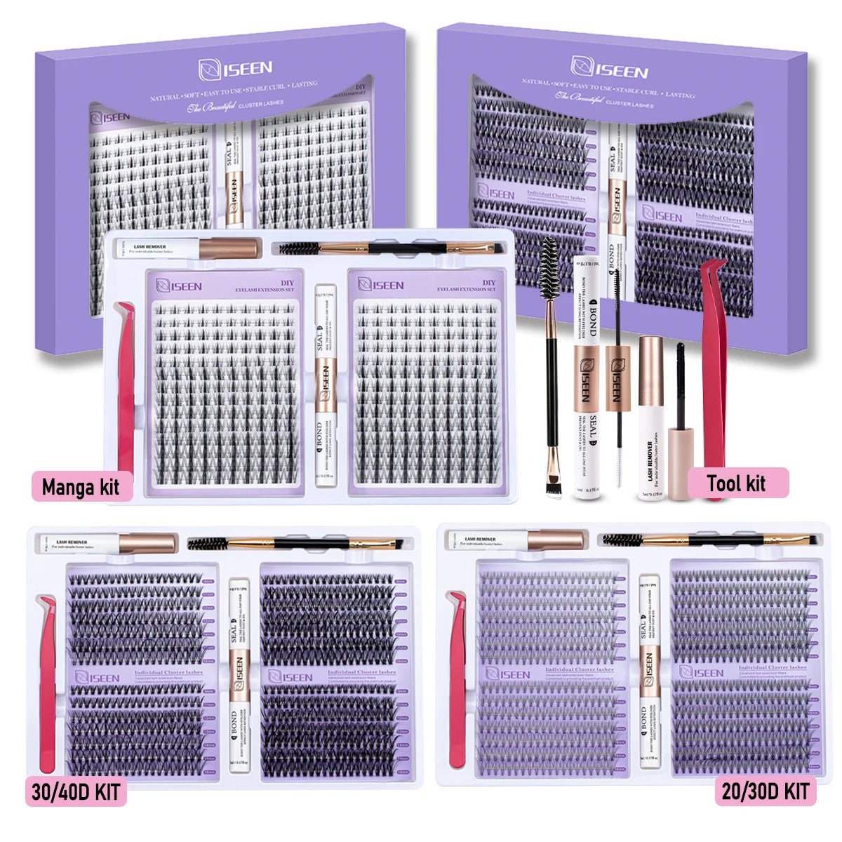 ISEEN DIY Eyelash Extension Kit – Cluster Lash Set with Bond, Seal, Tweezers & Brush