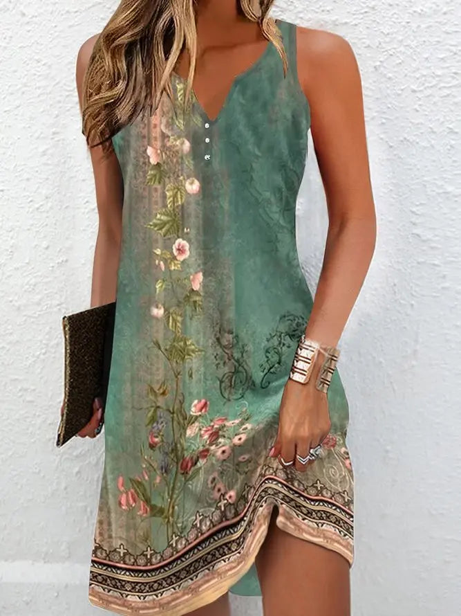 Women’s Boho Summer V-Neck Dress – Loose Sleeveless Vacation Style