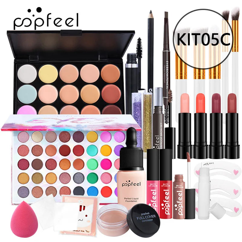 POPFEEL All-in-One Makeup Kit – Eyeshadow, Foundation, Lip Gloss, Brushes & More
