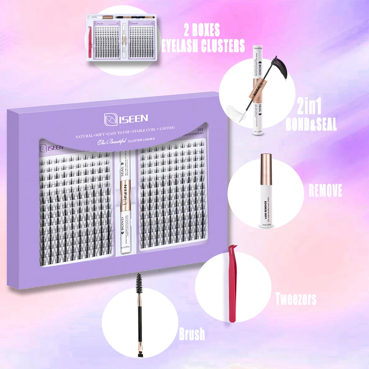 ISEEN DIY Eyelash Extension Kit – Cluster Lash Set with Bond, Seal, Tweezers & Brush