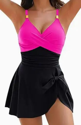 Women’s Tummy Control Swimdress – One-Piece Ruched Cross Swimwear (8 Colors)