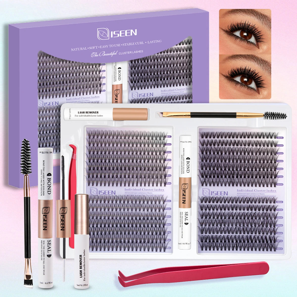 ISEEN DIY Eyelash Extension Kit – Cluster Lash Set with Bond, Seal, Tweezers & Brush