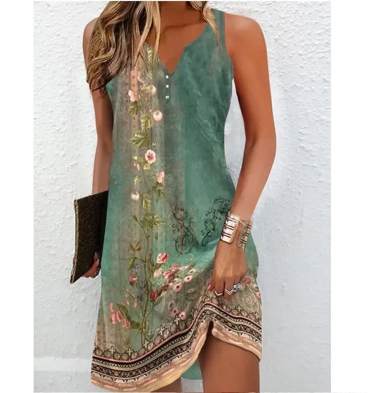 Women’s Boho Summer V-Neck Dress – Loose Sleeveless Vacation Style