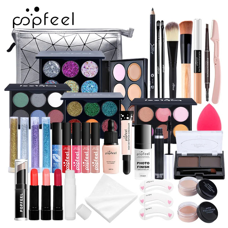 POPFEEL All-in-One Makeup Kit – Eyeshadow, Foundation, Lip Gloss, Brushes & More