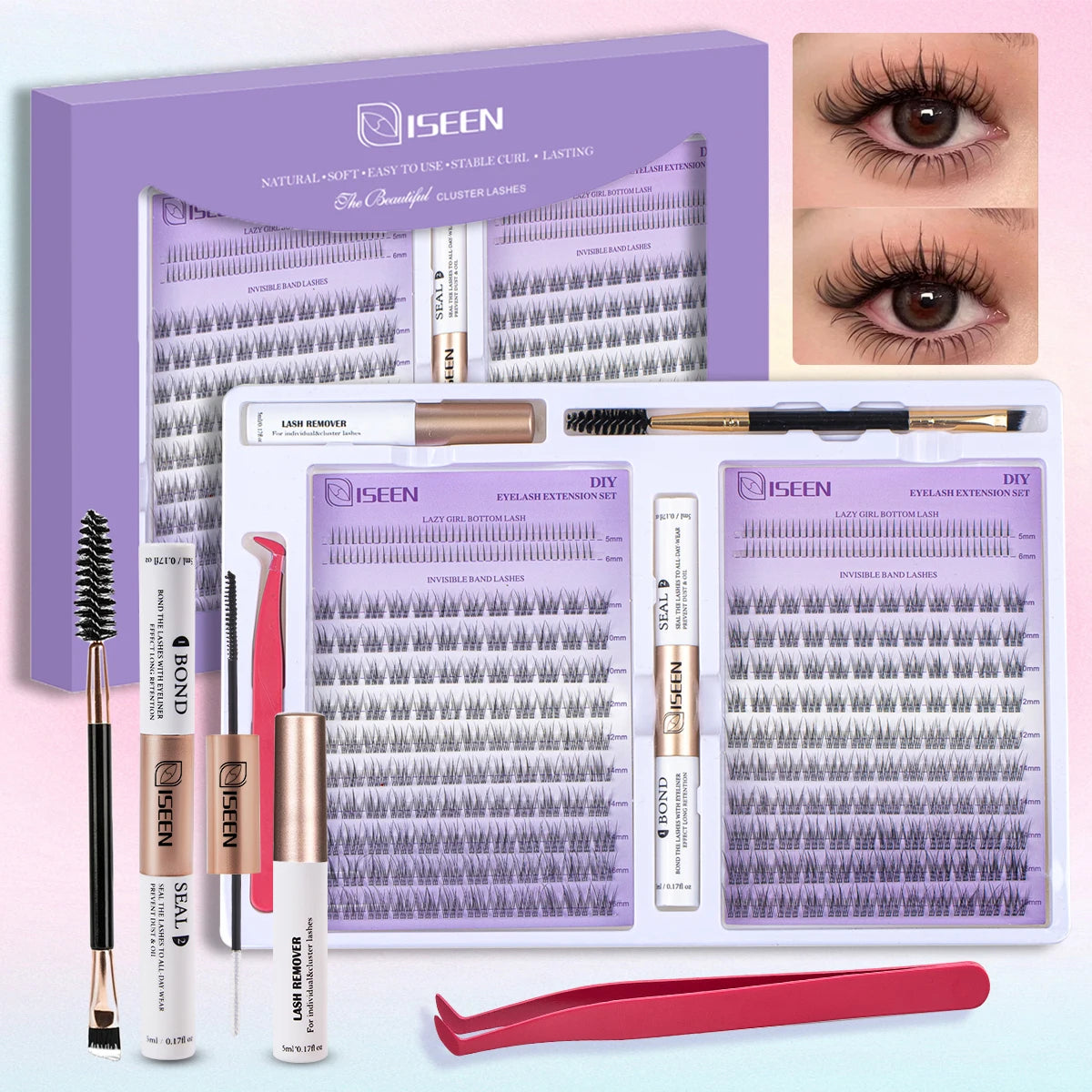ISEEN DIY Eyelash Extension Kit – Cluster Lash Set with Bond, Seal, Tweezers & Brush