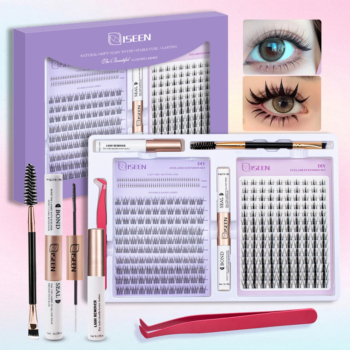 ISEEN DIY Eyelash Extension Kit – Cluster Lash Set with Bond, Seal, Tweezers & Brush