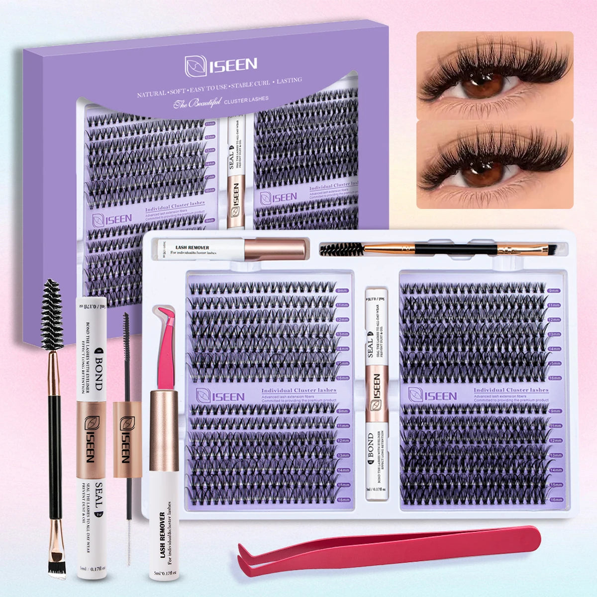 ISEEN DIY Eyelash Extension Kit – Cluster Lash Set with Bond, Seal, Tweezers & Brush