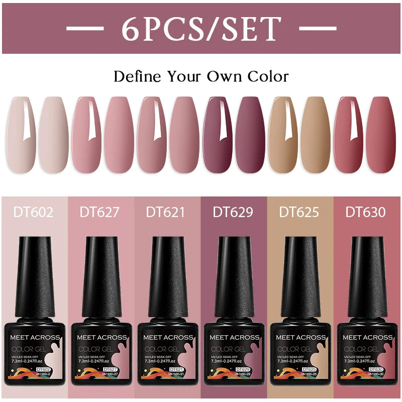 MEET ACROSS 6-Piece Gel Nail Polish Set – Nude & Brown Semi-Permanent Colors (7.3ml)