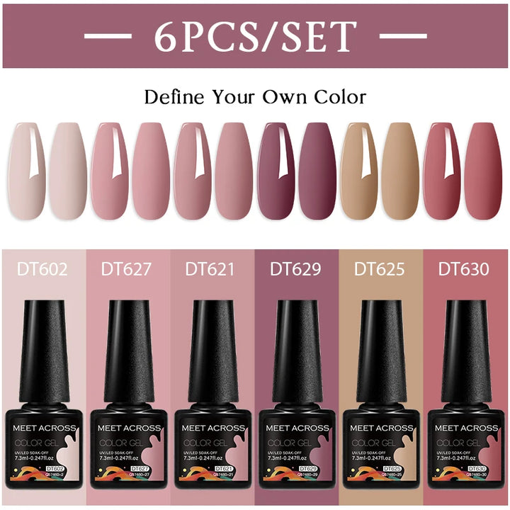 MEET ACROSS 6-Piece Gel Nail Polish Set – Nude & Brown Semi-Permanent Colors (7.3ml)