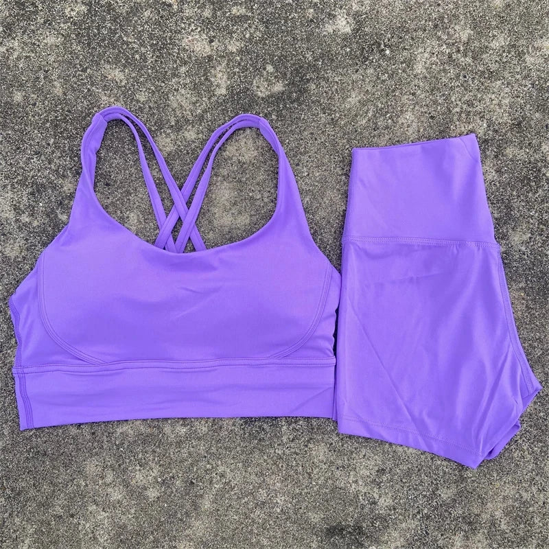 2-Piece Women’s Yoga Set – Cross-Back Sports Bra & High-Waist Shorts