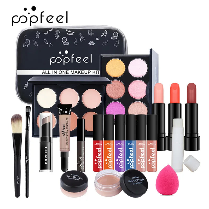 POPFEEL All-in-One Makeup Kit – Eyeshadow, Foundation, Lip Gloss, Brushes & More