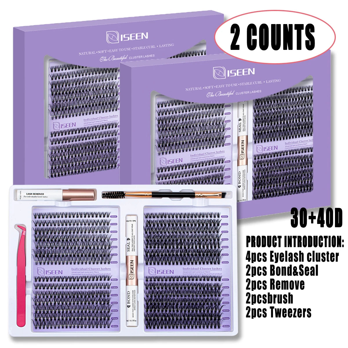 ISEEN DIY Eyelash Extension Kit – Cluster Lash Set with Bond, Seal, Tweezers & Brush