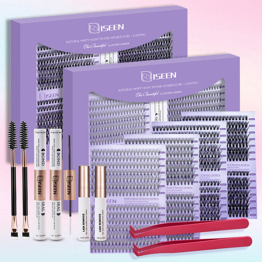 ISEEN DIY Eyelash Extension Kit – Cluster Lash Set with Bond, Seal, Tweezers & Brush