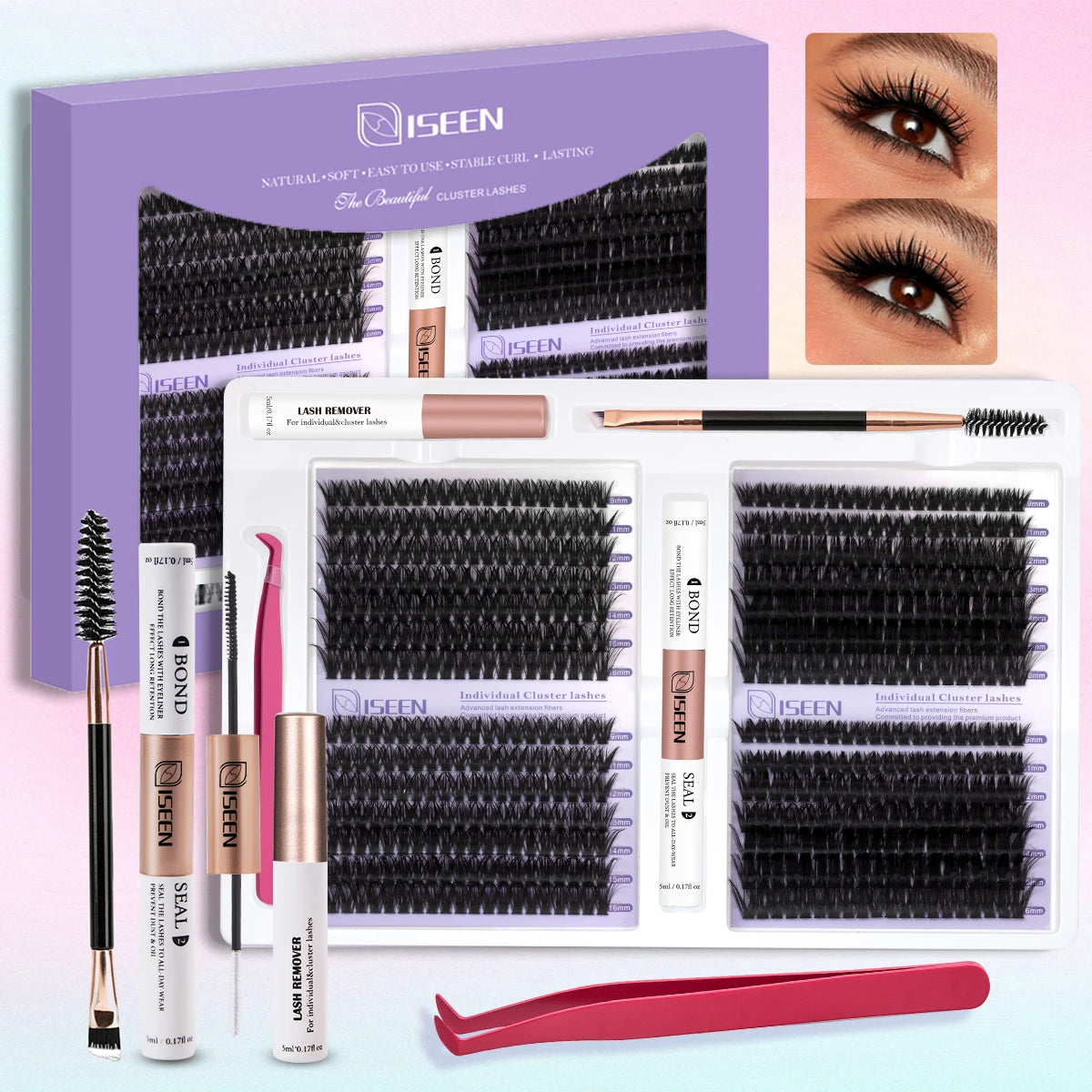 ISEEN DIY Eyelash Extension Kit – Cluster Lash Set with Bond, Seal, Tweezers & Brush
