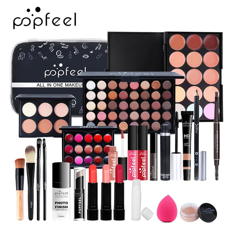 POPFEEL All-in-One Makeup Kit – Eyeshadow, Foundation, Lip Gloss, Brushes & More