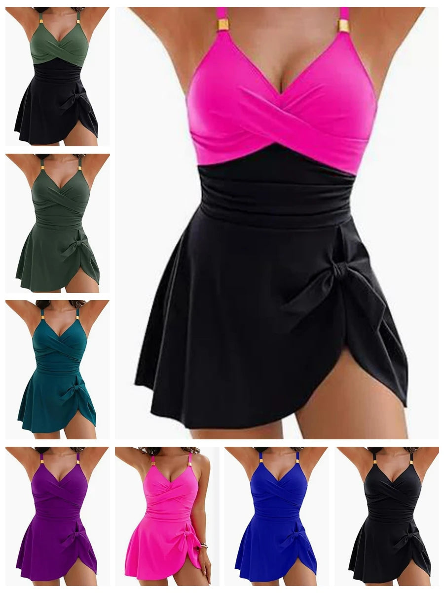 Women’s Tummy Control Swimdress – One-Piece Ruched Cross Swimwear (8 Colors)