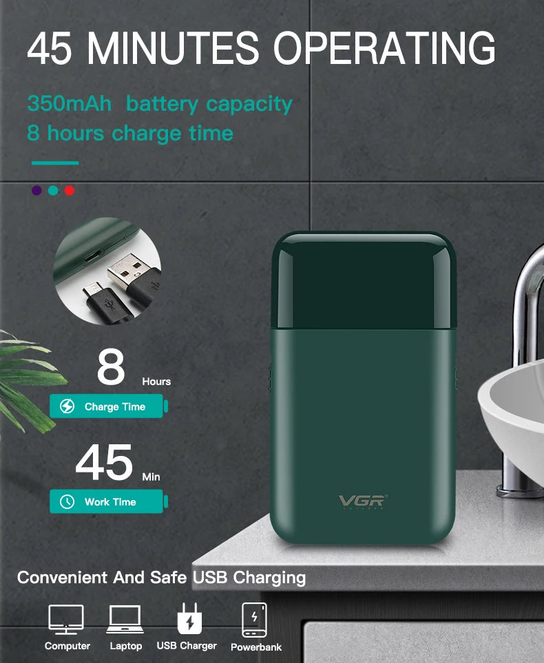 VGR 390 Mini Cordless Beard Trimmer – Rechargeable Electric Shaver for Men