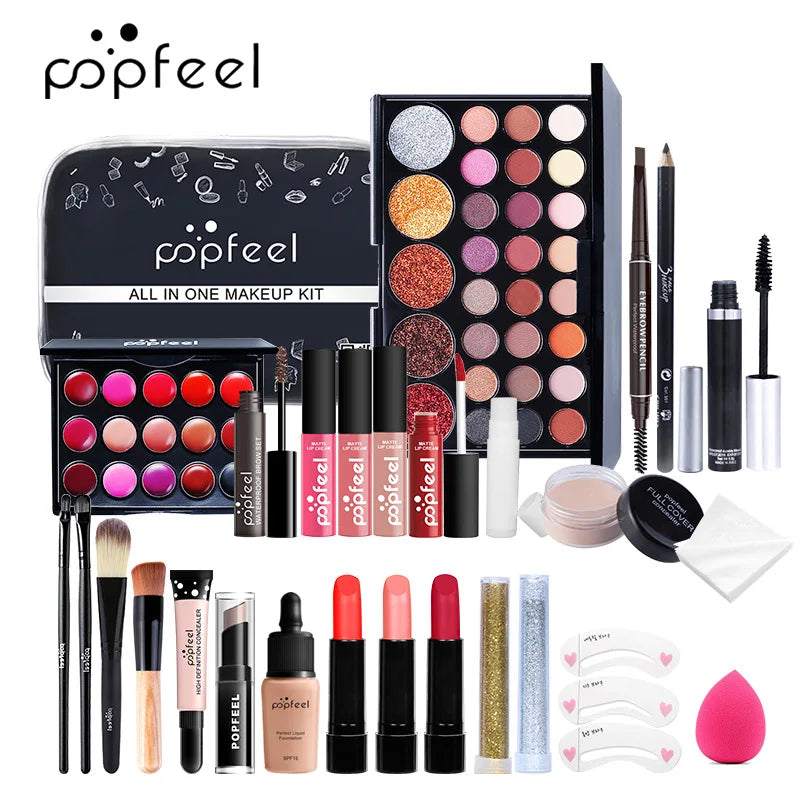 POPFEEL All-in-One Makeup Kit – Eyeshadow, Foundation, Lip Gloss, Brushes & More